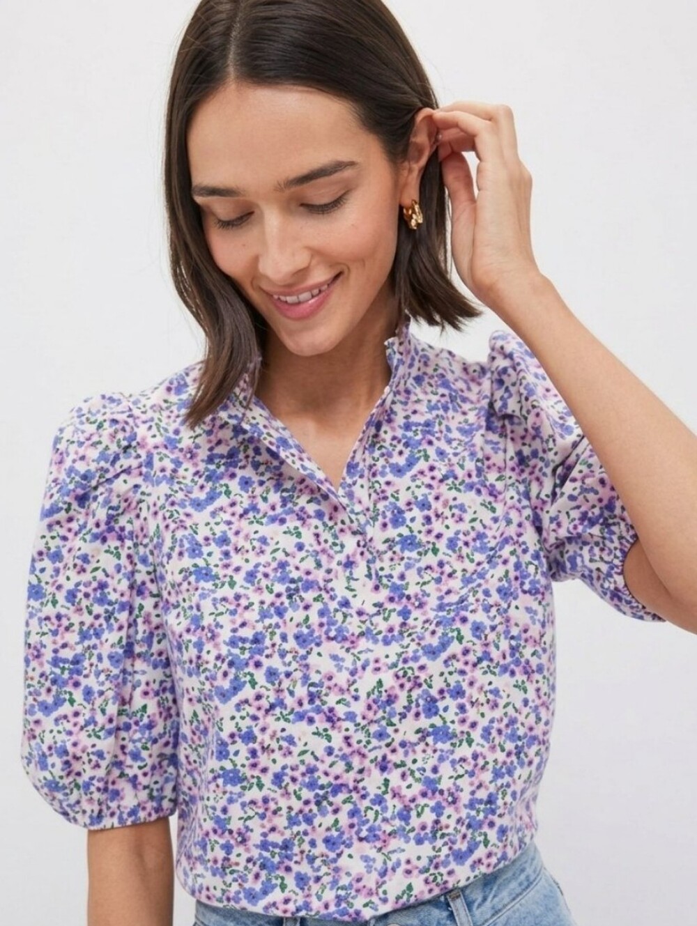 Hyacinth House Floral Puff-Sleeve Blouse in Lavender Size Small Cotton Nwot